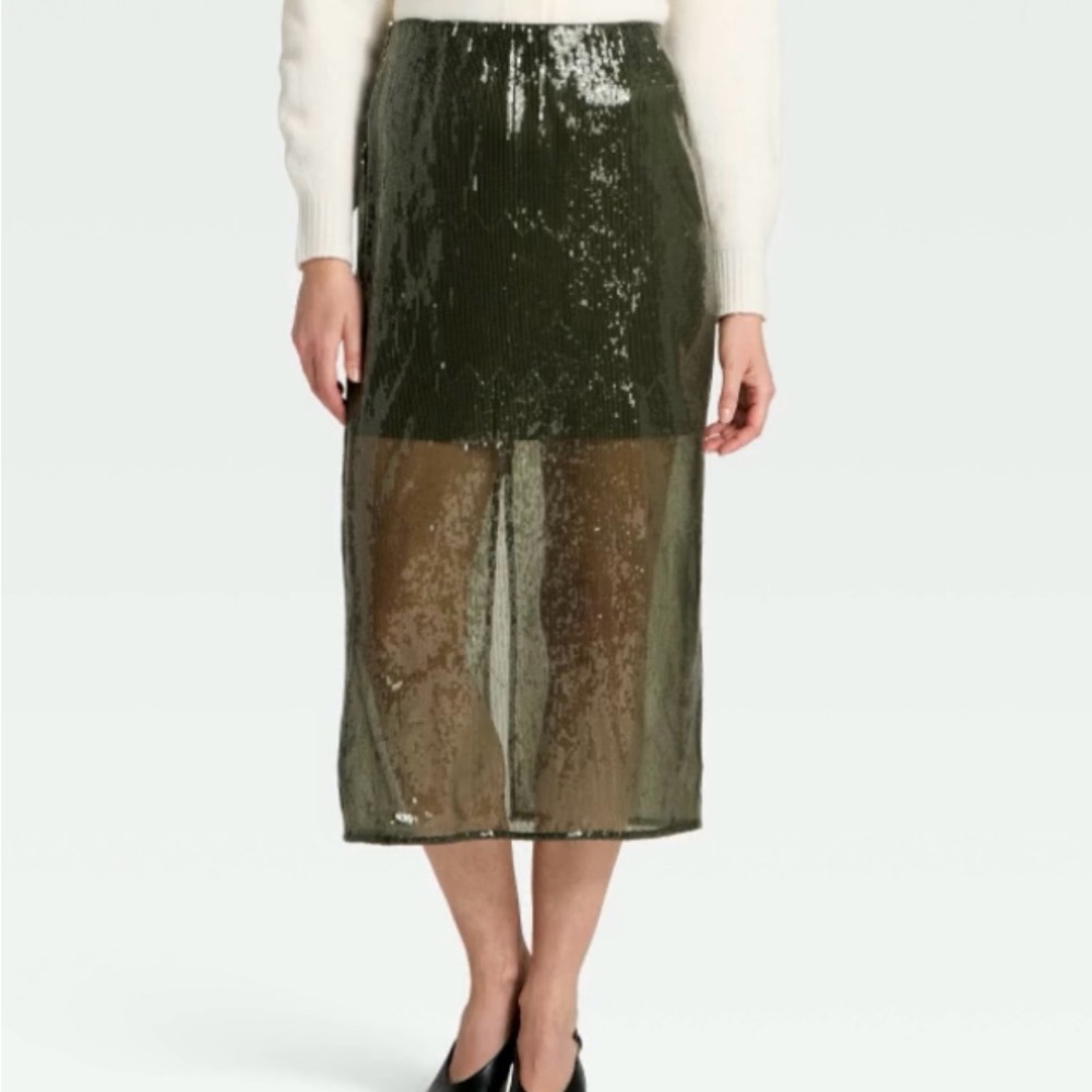 NWT Women's Sequin Midi Skirt - A New Day™ Olive Green Size Medium